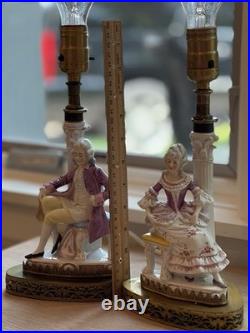 Vintage Pair Antique German Porcelain Boudoir Lamps Gentleman & Lady c. 1925