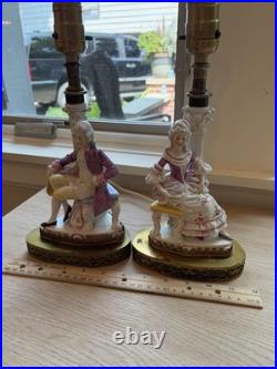 Vintage Pair Antique German Porcelain Boudoir Lamps Gentleman & Lady c. 1925