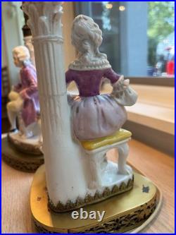 Vintage Pair Antique German Porcelain Boudoir Lamps Gentleman & Lady c. 1925