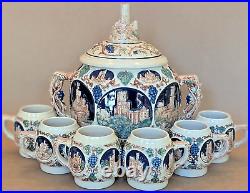Vintage Stoneware GERZ German Ceramic Tureen Punch Bowl 8 Piece Set with Castles Vintage Stoneware GERZ German Ceramic Tureen Punch Bowl 8 Piece Set with Castles