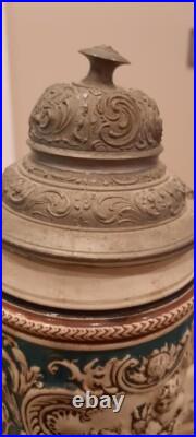 Vintage/antique 8inch German Beer Stein With Pewter Lid Green Cream Child Dog