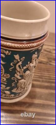 Vintage/antique 8inch German Beer Stein With Pewter Lid Green Cream Child Dog
