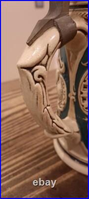 Vintage/antique 8inch German Beer Stein With Pewter Lid Green Cream Child Dog