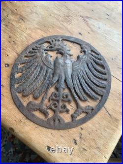 Vintage antique black forest bird eagle open work metal plaque German