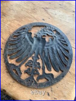 Vintage antique black forest bird eagle open work metal plaque German