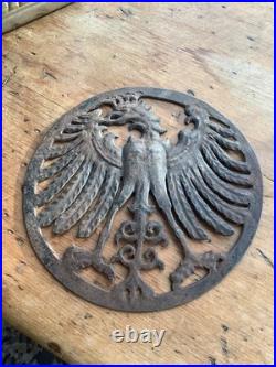 Vintage antique black forest bird eagle open work metal plaque German