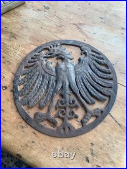 Vintage antique black forest bird eagle open work metal plaque German