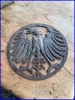 Vintage antique black forest bird eagle open work metal plaque German