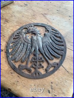 Vintage antique black forest bird eagle open work metal plaque German