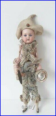 Vintage antique mechanical squeeze bisque doll jester with cymbals, Germany