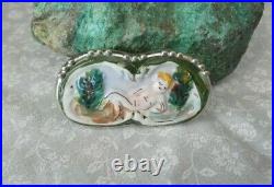 Vintage signed Silver Ceramic Painted Risque Lady German brooch