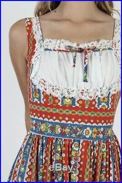 Vtg 70s Country Dirndl Dress German Folk Porch Prairie Red Cotton Floral Maxi