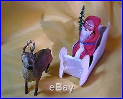 Vtg / Antique 1920s German Composition Santa N Sleigh W Reindeer Candy Container