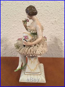 Vtg Antique German Ernst Bohne Porcelain Lace Seated Ballerina with Fan Figurine