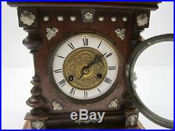 Vtg Antique German Junghans B09 Movement Ornate Wooden Mantle Clock For Parts