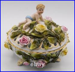 Vtg Antique German Schierholz Floral Porcelain Reticulated Dish W Cherub Marked
