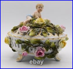 Vtg Antique German Schierholz Floral Porcelain Reticulated Dish W Cherub Marked