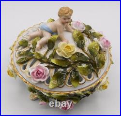 Vtg Antique German Schierholz Floral Porcelain Reticulated Dish W Cherub Marked