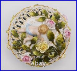 Vtg Antique German Schierholz Floral Porcelain Reticulated Dish W Cherub Marked