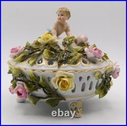 Vtg Antique German Schierholz Floral Porcelain Reticulated Dish W Cherub Marked