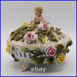 Vtg Antique German Schierholz Floral Porcelain Reticulated Dish W Cherub Marked