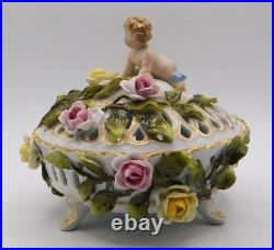 Vtg Antique German Schierholz Floral Porcelain Reticulated Dish W Cherub Marked