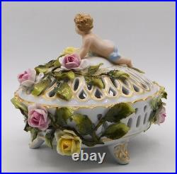 Vtg Antique German Schierholz Floral Porcelain Reticulated Dish W Cherub Marked