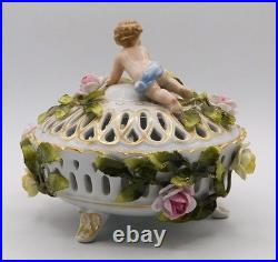 Vtg Antique German Schierholz Floral Porcelain Reticulated Dish W Cherub Marked