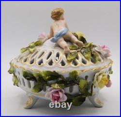 Vtg Antique German Schierholz Floral Porcelain Reticulated Dish W Cherub Marked