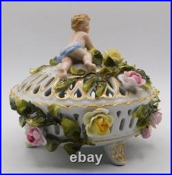 Vtg Antique German Schierholz Floral Porcelain Reticulated Dish W Cherub Marked