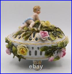 Vtg Antique German Schierholz Floral Porcelain Reticulated Dish W Cherub Marked
