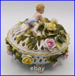 Vtg Antique German Schierholz Floral Porcelain Reticulated Dish W Cherub Marked