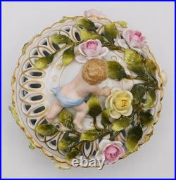 Vtg Antique German Schierholz Floral Porcelain Reticulated Dish W Cherub Marked