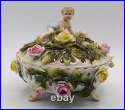 Vtg Antique German Schierholz Floral Porcelain Reticulated Dish W Cherub Marked
