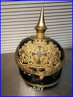 Vtg WW1 Helmet German Bavarian Pickelhaube Imperial Leather Spiked Antique brass