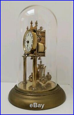 Vtg c1910 Jahresuhrenfabrik Brass Glass Domed German 400 Day Anniversary Clock